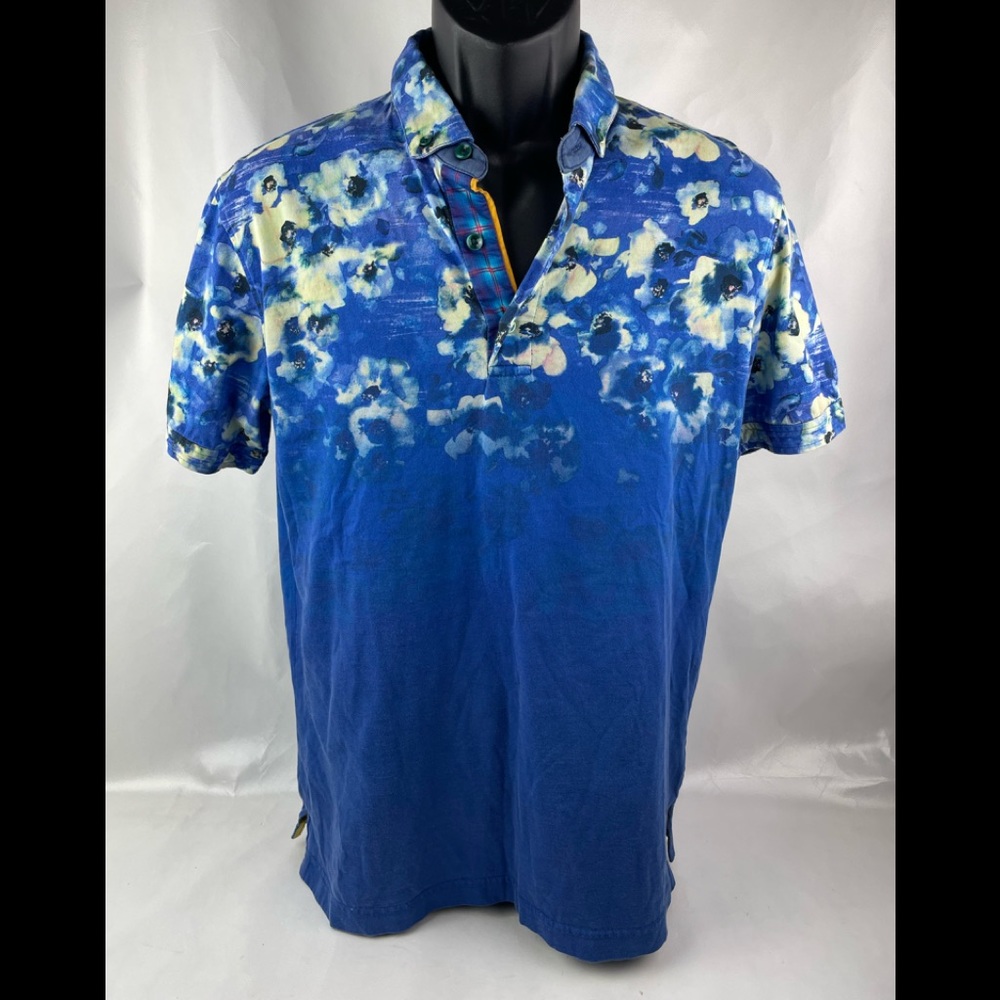 ROBERT GRAHAM Blue Flowery Polo Shirt Size S